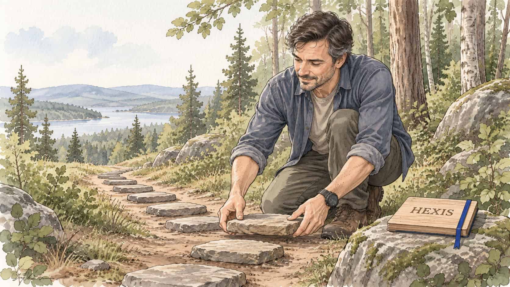 Akwarelowa ilustracja przedstawiająca chwilę refleksji i pracę nad własnym charakterem