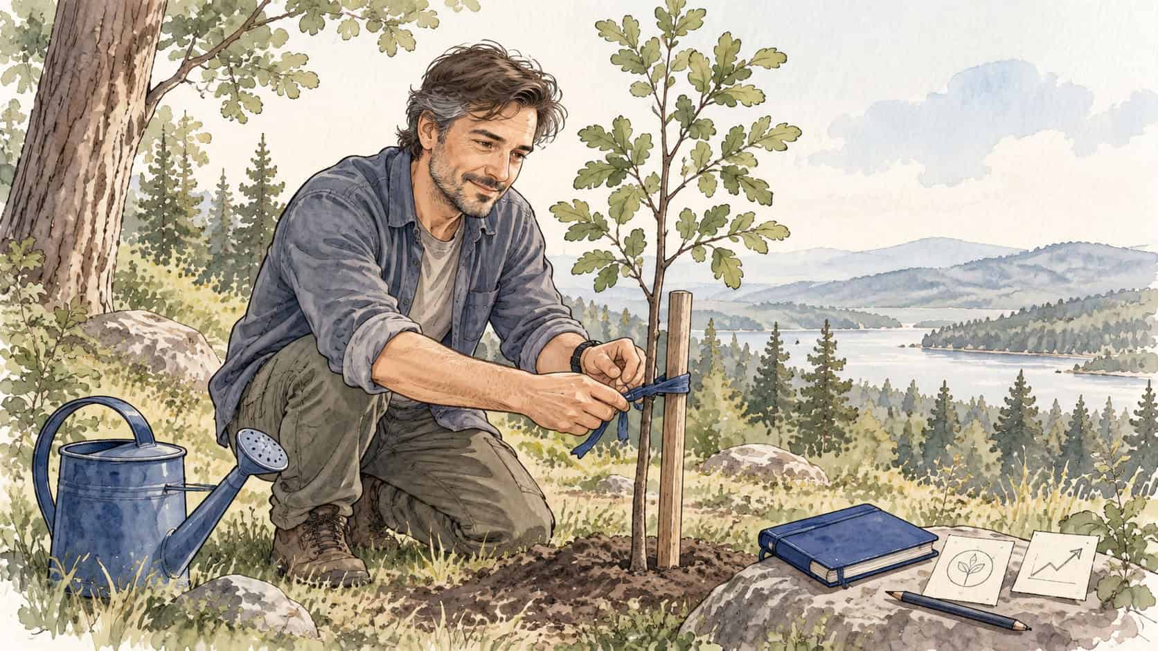 Akwarelowa ilustracja przedstawiająca człowieka układającego kamienie na ścieżce