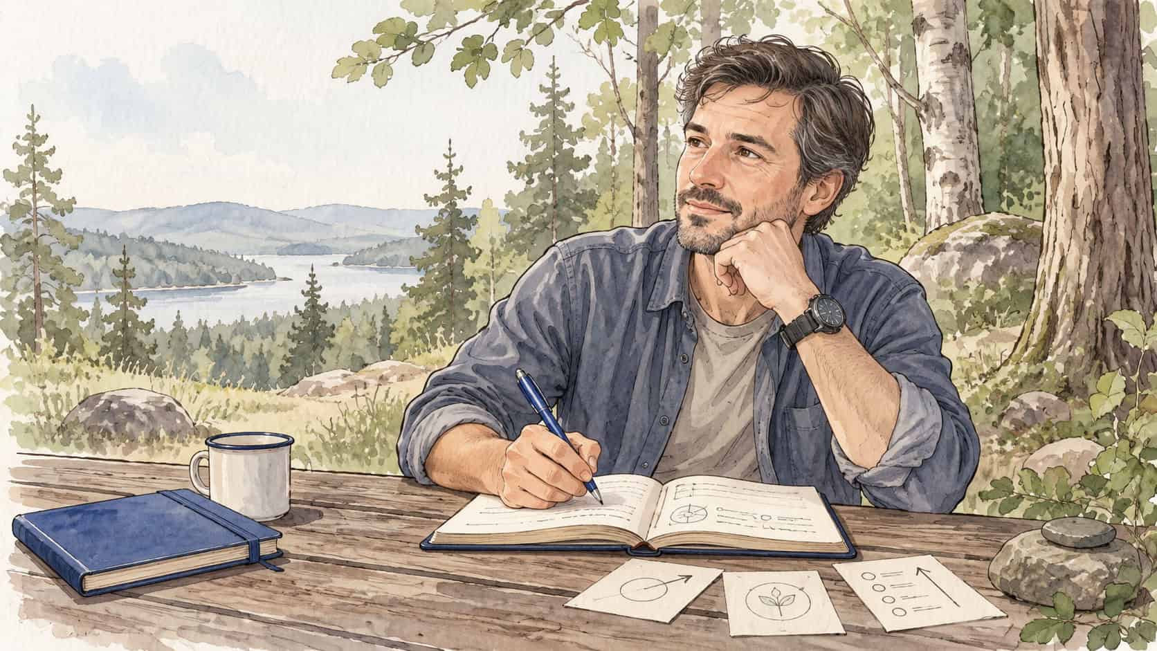 Akwarelowa ilustracja przedstawiająca człowieka pielęgnującego młode drzewo
